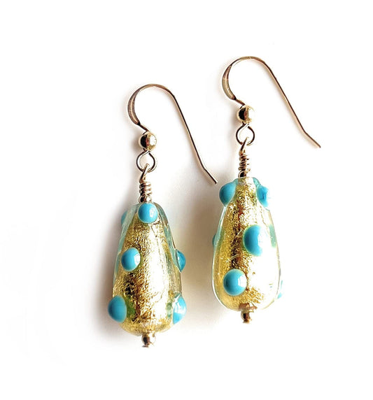 Diana Ingram earrings with turquoise (blue) appliqué spots over gold Murano glass short pear drops on Sterling Silver or 22 Carat gold vermeil hooks