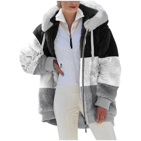 Coats for Women UK Sale Clearance Fleece Thick Plush Plus Size Coat Casual Shacket Open Front Hoodies Button Autumn Winter Sweater Long Patchwork Jumper Tops Chunky Warm Color Block Jackets Jumpers