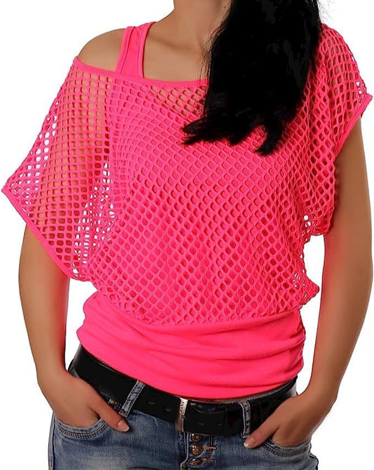 ELFIN Women 80s T Shirts Neon Fishnet Mesh Top Off Shoulder Tops Fany Dress for Women (Tops+Vest) Rose red