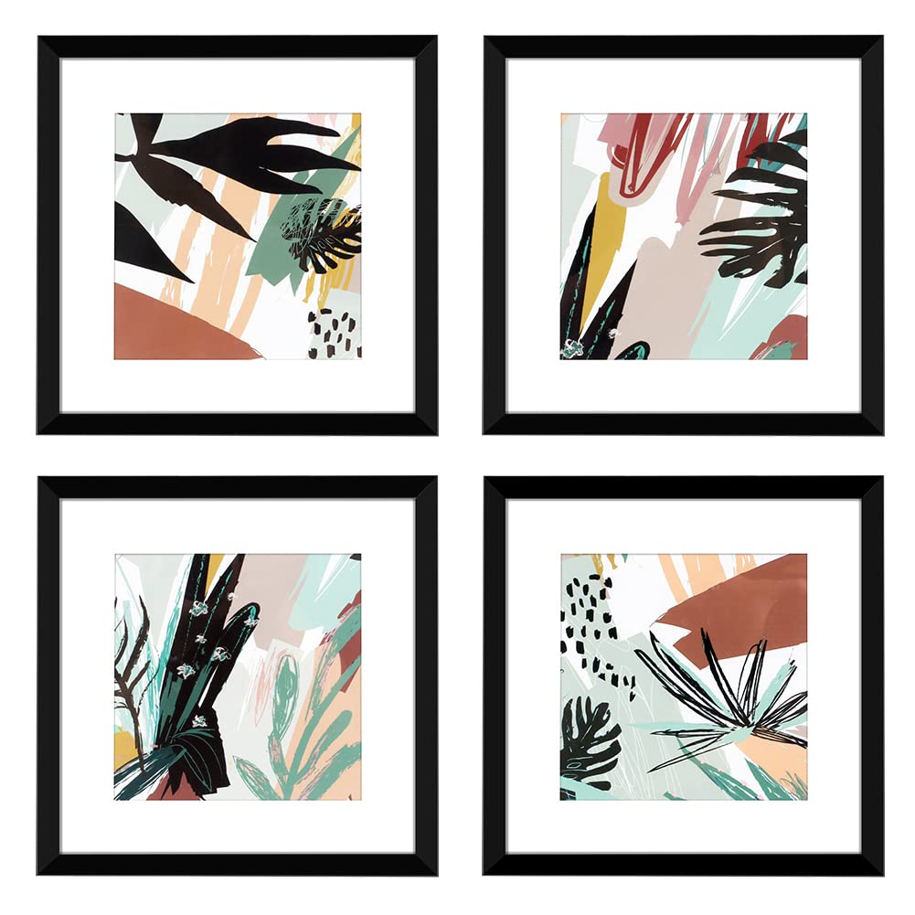 ArtbyHannah Black Framed Wall Art Prints - Abstract Tropical Plant Decor for Living Room Poster Set of 4-25x25cm (10x10 inch) Square Pictures with Mount, Bathroom Bedroom