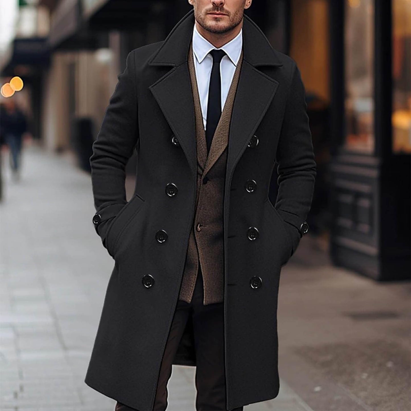 AEGJEGVD Wool Coats for Men UK Clearance,Long Trench Coat Mens Solid Turndown Long Sleeve Classic Business Coat Winter Casual Slim Fit Double Breasted Overcoat Windbreaker Warm Pea Coat S-3XL