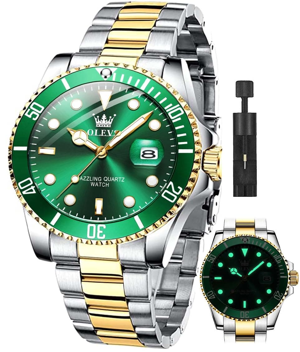 OLEVS Mens Watches Green Watches for Men Watch Men Luxury Quartz Big Face Men's Wrist Watches Fashion Gold Watch for Men Dress Silver Watches Stainless Steel Watches relojes para Hombres