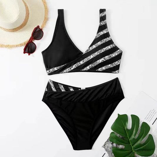 Bikini Sets for Older Women UK Two Piece Swimsuits High Waisted Top Swimwear Tankini Bottoms Tummy Control Printed Plus Size Bathing Suits Beachwear String Bikini A01 Black M