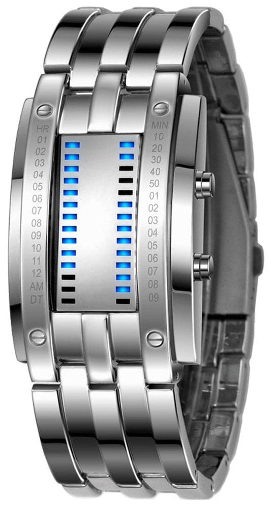 FANMIS Binary Matrix Blue LED Digital Waterproof Watch Mens Classic Creative Fashion Silver Wrist Watches (Silver Blue)