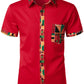 LucMatton Men's African Kente Printed Patchwork Design Summer Short Sleeve Button up Shirt Traditional Dashiki Red Medium