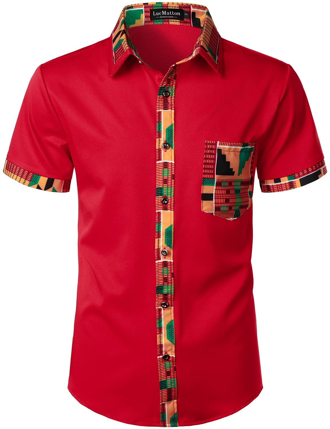 LucMatton Men's African Kente Printed Patchwork Design Summer Short Sleeve Button up Shirt Traditional Dashiki Red Medium