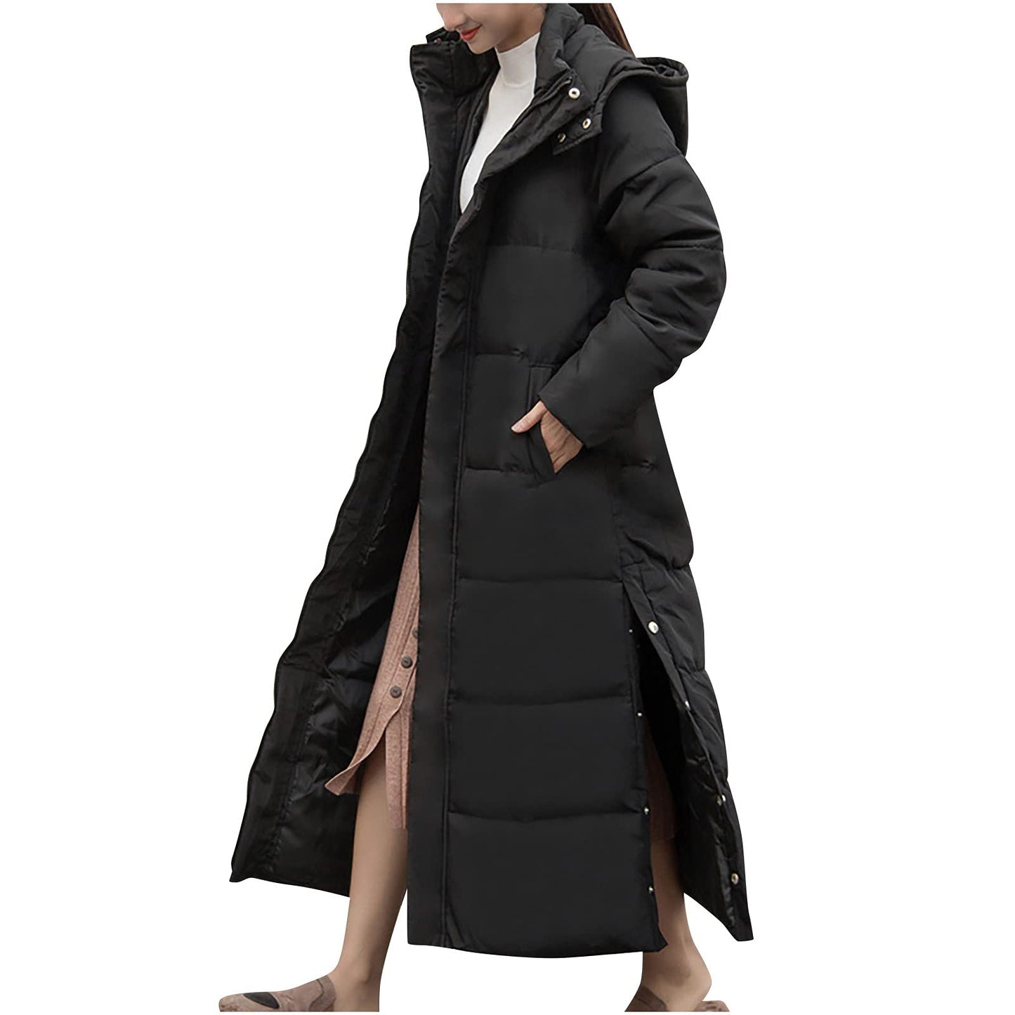 Maxi Puffer Jacket Women,Longline Padded Coat Long Hoodie Winter Warm Quilted Padded Jacket Hooded Long Parka Coats Down Coat With Removable Hood for Ladies Sale Clearance UK