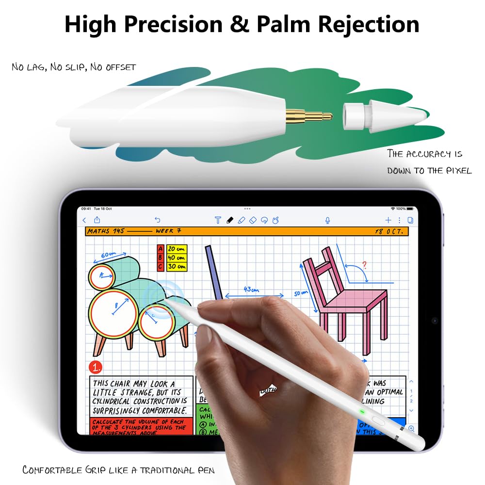 Stylus Pen for iPad 2018-2024, USB C Pencil 1st Generation with 10X Fast Charge, Tilt Sensing & Palm Reject, Professional Pencil for iPad 10th/9th~6th, iPad Air 3~5, iPad Mini 5/6, iPad Pro 11"/12"