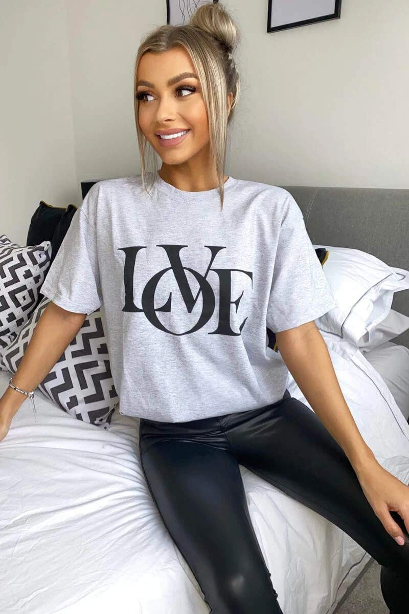 Womens Love Slogan Short Sleeve Oversized Printed Casual Summer Baggy Fashion Ladies Tshirt Tee Plus Size Top (Grey, SM (UK 8-10))