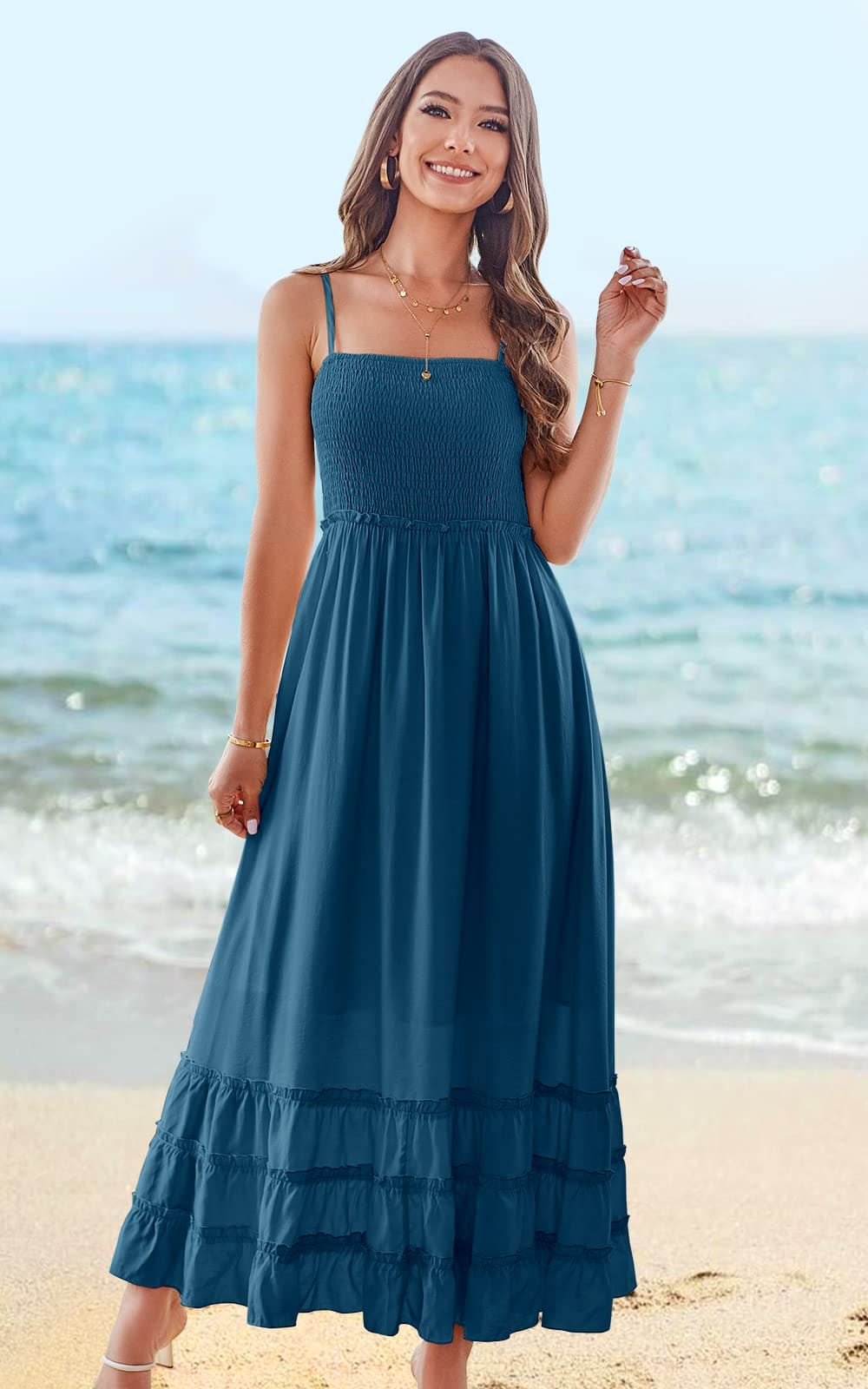 II ININ Maxi Dress Beach Dresses for Women UK Long Summer Dress Spaghetti Strap Square Backless/Flowy Casual Dress Blue