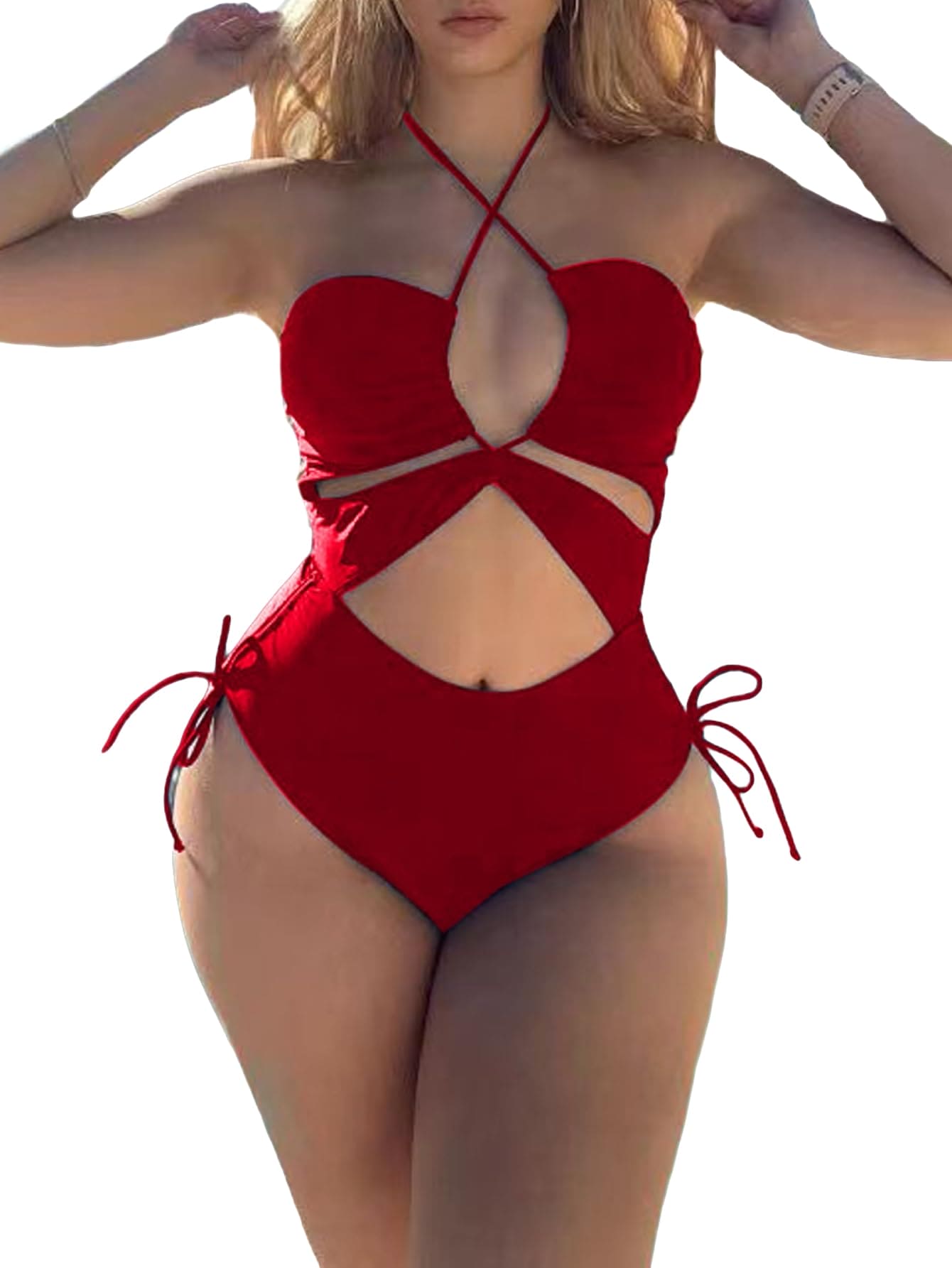 OYOANGLE Women's Criss Cross Cut Out Ruched Halter One Piece Swimsuit Tie Side Monokini Bathing Suit Red Medium