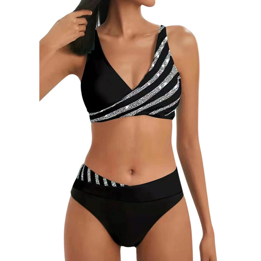 Bikini Sets for Older Women UK Two Piece Swimsuits High Waisted Top Swimwear Tankini Bottoms Tummy Control Printed Plus Size Bathing Suits Beachwear String Bikini A01 Black M