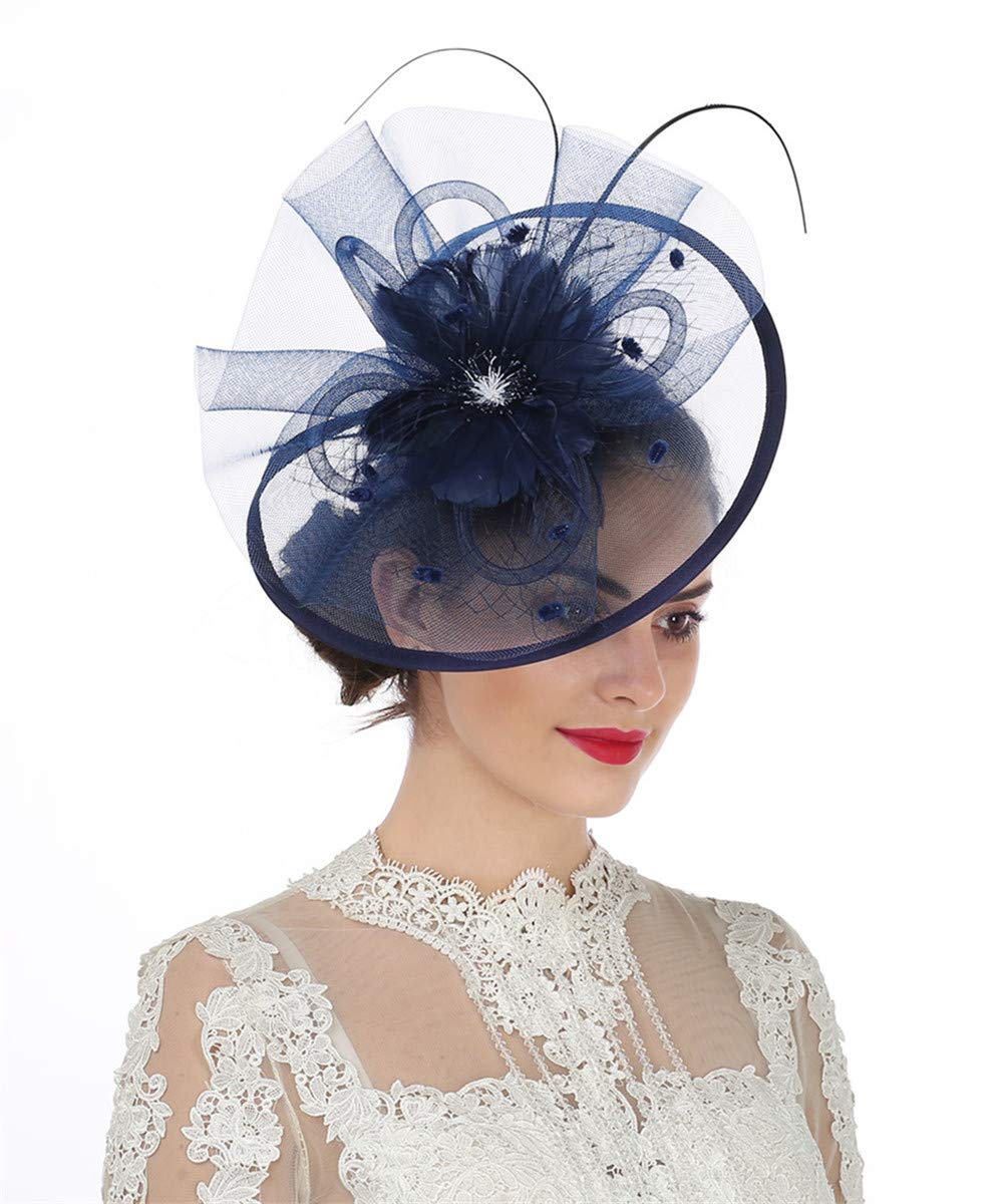 Sinamay Flower Feather Headband Fascinator Wedding Headwear Ladies Race Royal Ascot Pillbox Wedding Cocktail Tea Party Derby Hat for Women（SG-Navy