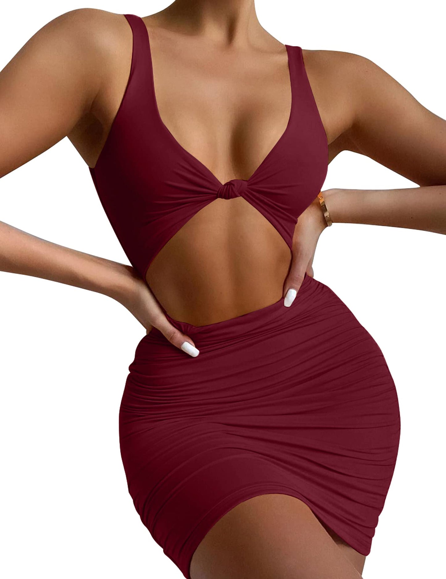 Kaximil Women's Sexy Bodycon Sleeveless Cut Out Ruched Tank Mini Club Party Dresses, Small, Wine Red