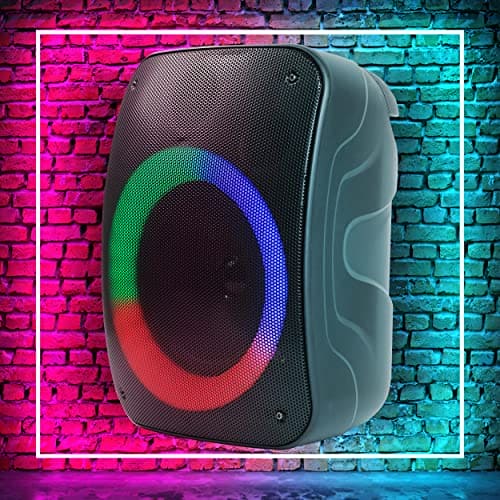 QFX PBX-126 TWS Bluetooth Rechargeable Portable 10-Watt Speaker with a 4” Woofer, Microphone Input, AUX Input, USB Input, TF Card Input, FM Radio, and LED Party Lights, Black