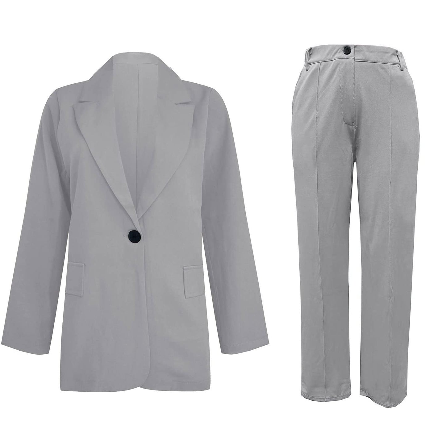 Blazer Suit Set Women Sale 2 Piece Suits for Women Button Long Sleeve Jacket Long Pants Solid Color Two Piece Outfits Lapel Outerwear Blazer and Trouser Suits Ladies Sets Plus Size Grey XXL