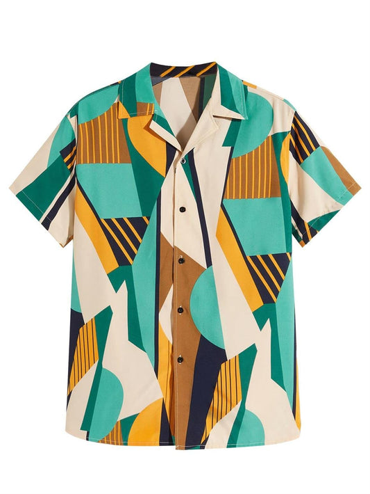 OYOANGLE Men's Casual Geo Graphic Print Short Sleeve Button Down Shirt Top Beach Shirts Green and White M