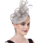 Sinamay Flower Feather Headband Fascinator Wedding Headwear Ladies Race Royal Ascot Pillbox Wedding Cocktail Tea Party Derby Hat for Women(A16-Grey)