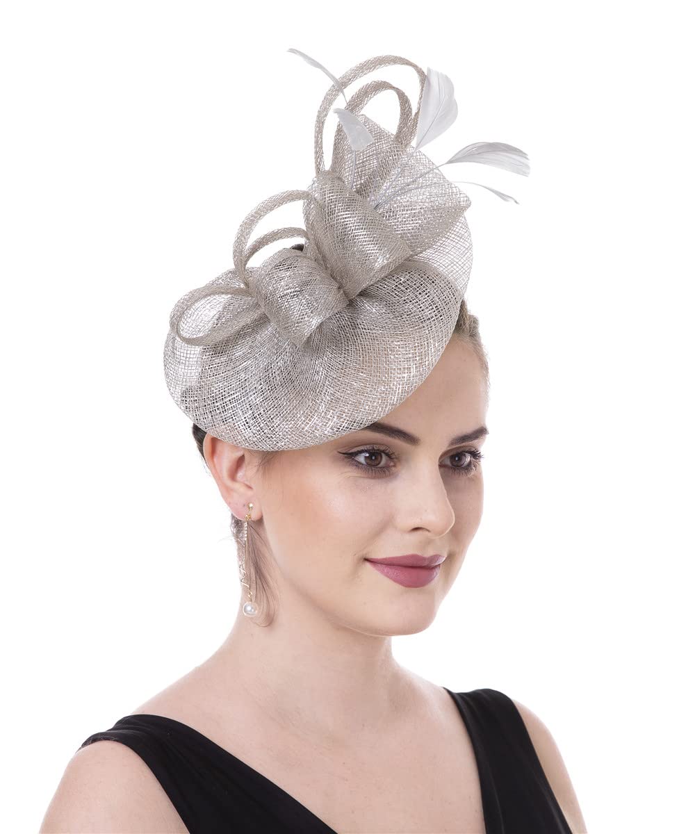 Sinamay Flower Feather Headband Fascinator Wedding Headwear Ladies Race Royal Ascot Pillbox Wedding Cocktail Tea Party Derby Hat for Women(A16-Grey)