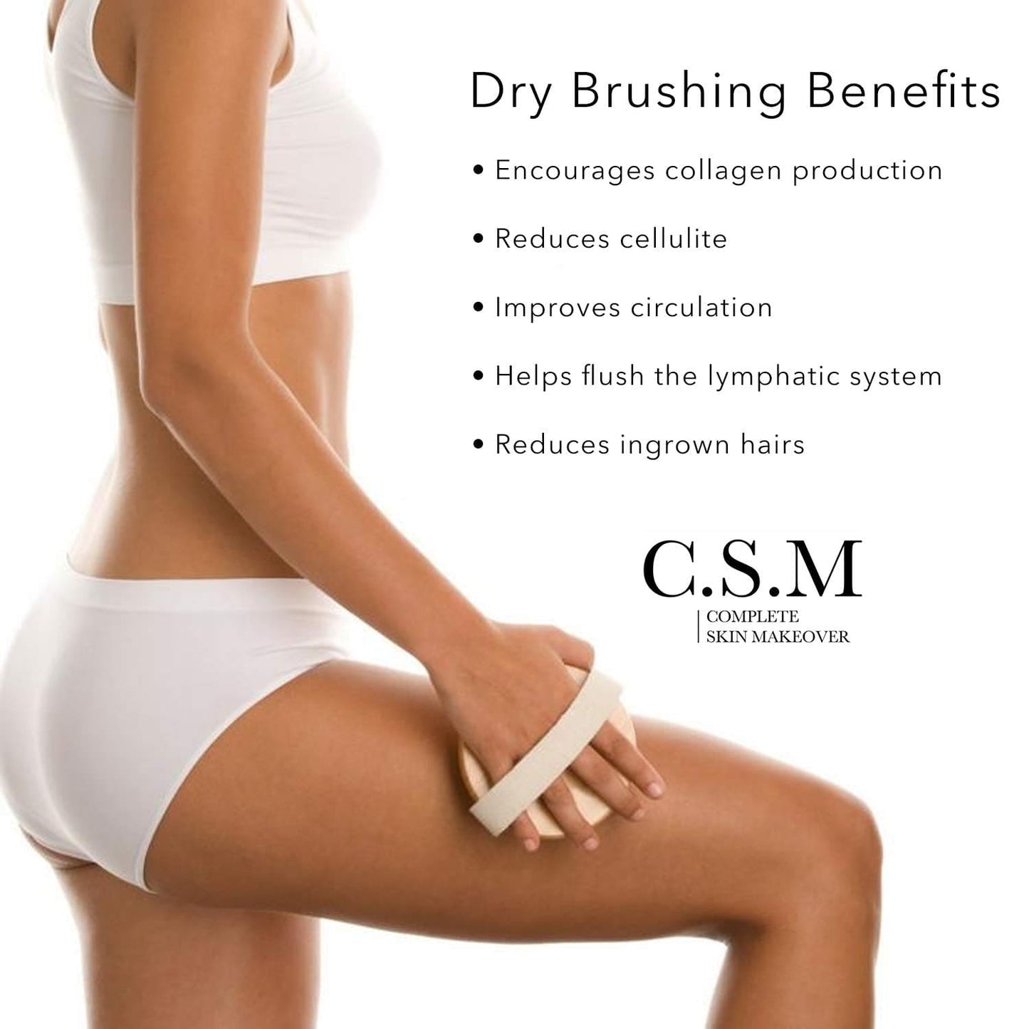 CSM Dry Body Brush - Natural Bristle Exfoliating Brush for Skin Renewal, Lymphatic Support and Circulation Boost - Sustainable Choice Dry Brushing Tool for Gentle Detox, Spa-Like Exfoliation