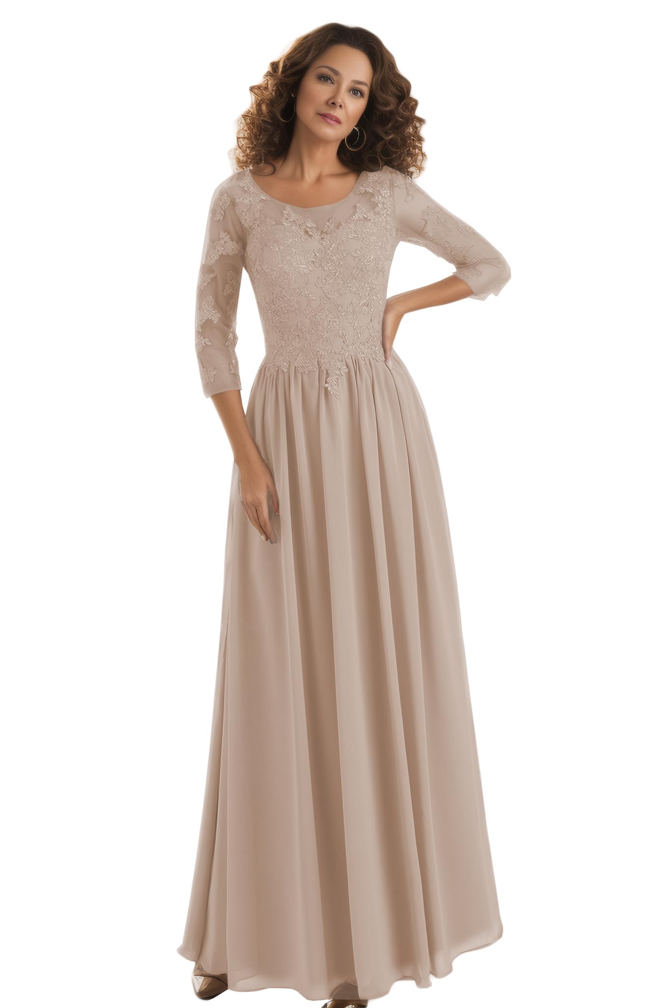 PAVERJER Pleated Taupe Mother of The Bride Dresses Long Chiffon Formal Dress Appliques Lace Gown with Sleeves Size 0