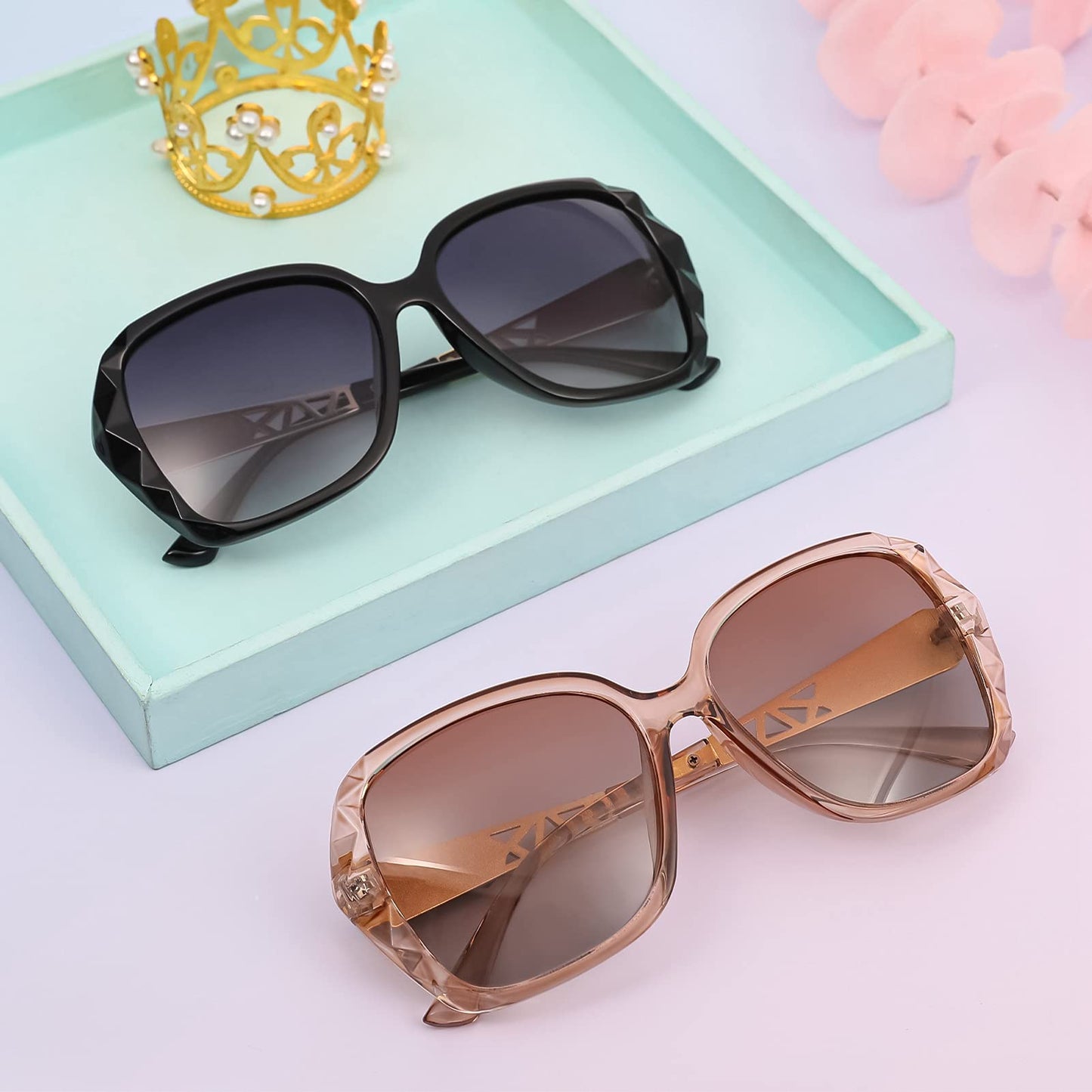 2pcs Women Sunglasses, Classic Trend Ladies UV400 Protection Oversized Polarised Sunglasses Sparkling Large Frame