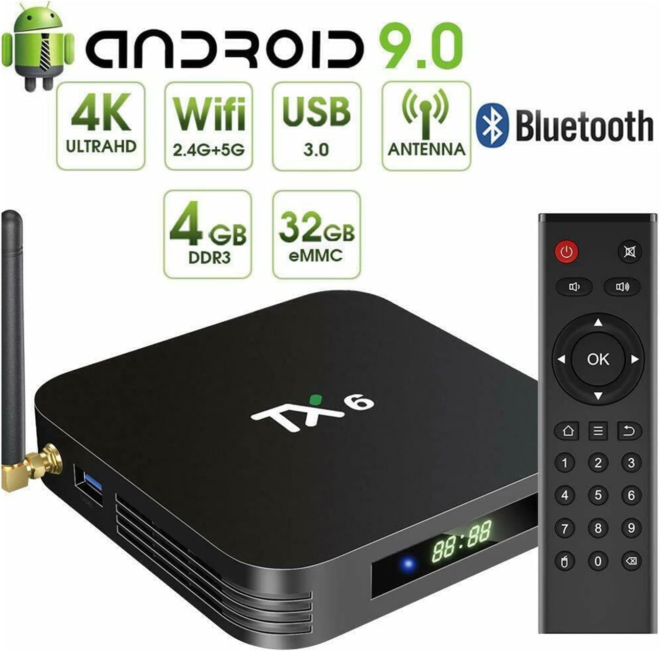 Smart TV Box, Android 10.0 TV Box TX6 Android TV Box 4GB DDR3 32GB EMMC Dual Wifi 2.4G Quad Core 3D 4K Ultra HD H.265 USB3.0