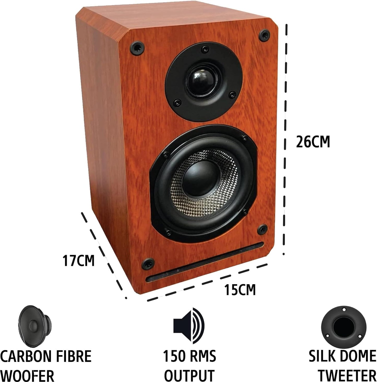 Roxel RBS 300 Bookshelf Speaker, Wood Effect Cabinet with 4 inch Enhanced Carbon Fibre Woofer, 1Inch Silk Dome Tweeter, Detailed and Refined Sound, Deep Bass 150W RMS (Cherry Wood)