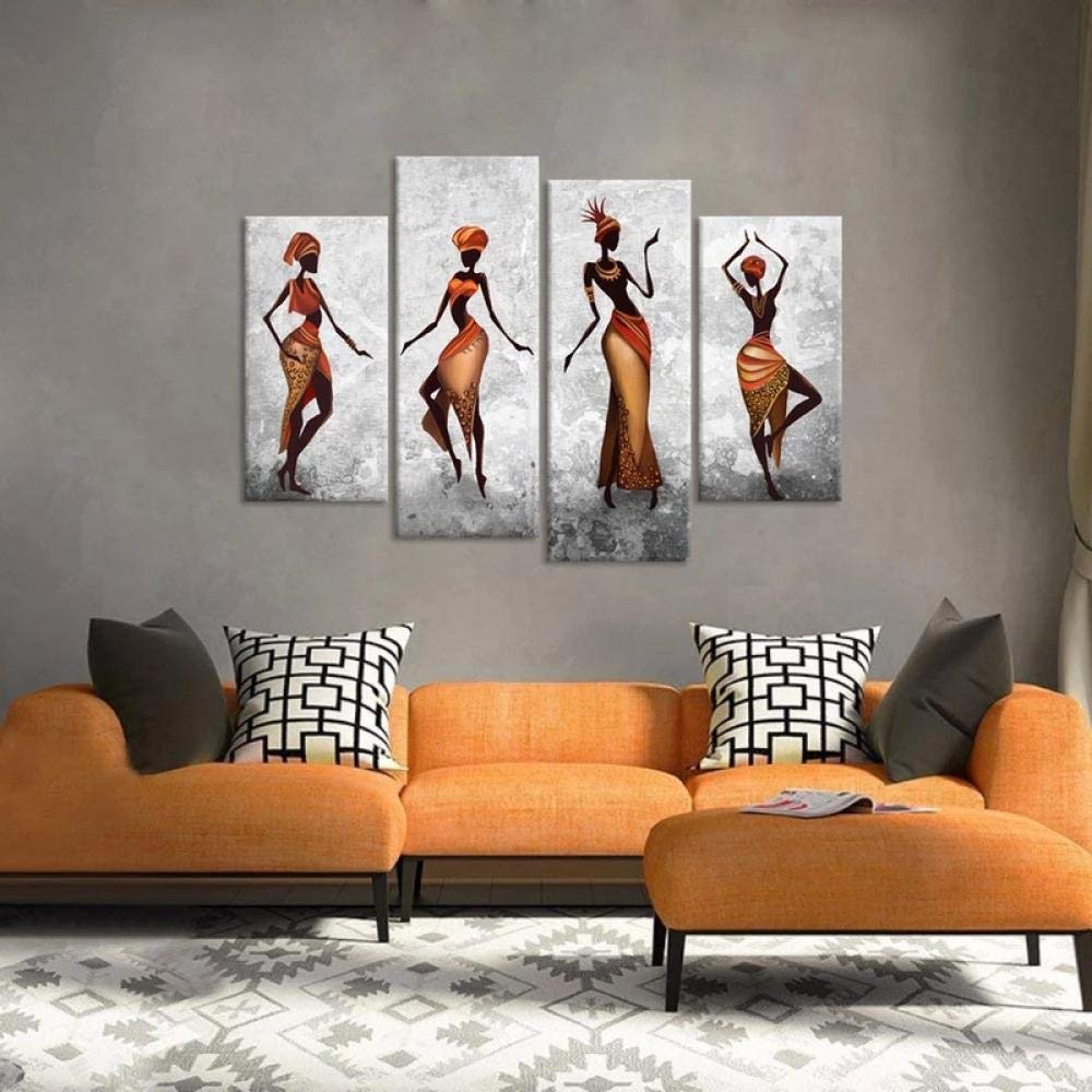 4 Panels Canvas Home Decor Poster Traditional African Woman Wall Art Painting Ethnic Tribe Lady Dancers Abstract Paintings No Frame-A_30x60cmx2_30x80cmx2