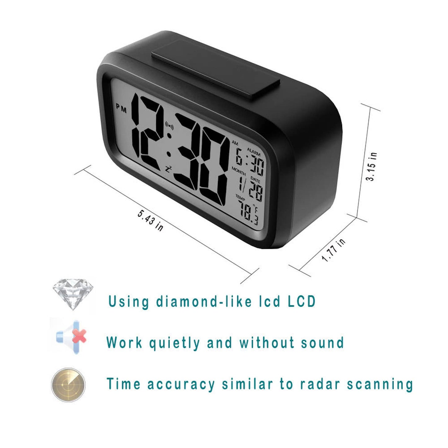 DTL Digital Alarm Clock LED Display with Temperature Big Larger LCD Digit Backlit Display Snooze Smart Brightness Sensor for Bedroom Home Office and Travel (Black)