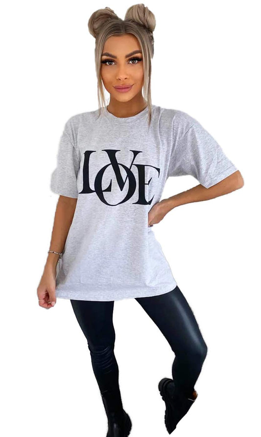 Womens Love Slogan Short Sleeve Oversized Printed Casual Summer Baggy Fashion Ladies Tshirt Tee Plus Size Top (Grey, SM (UK 8-10))