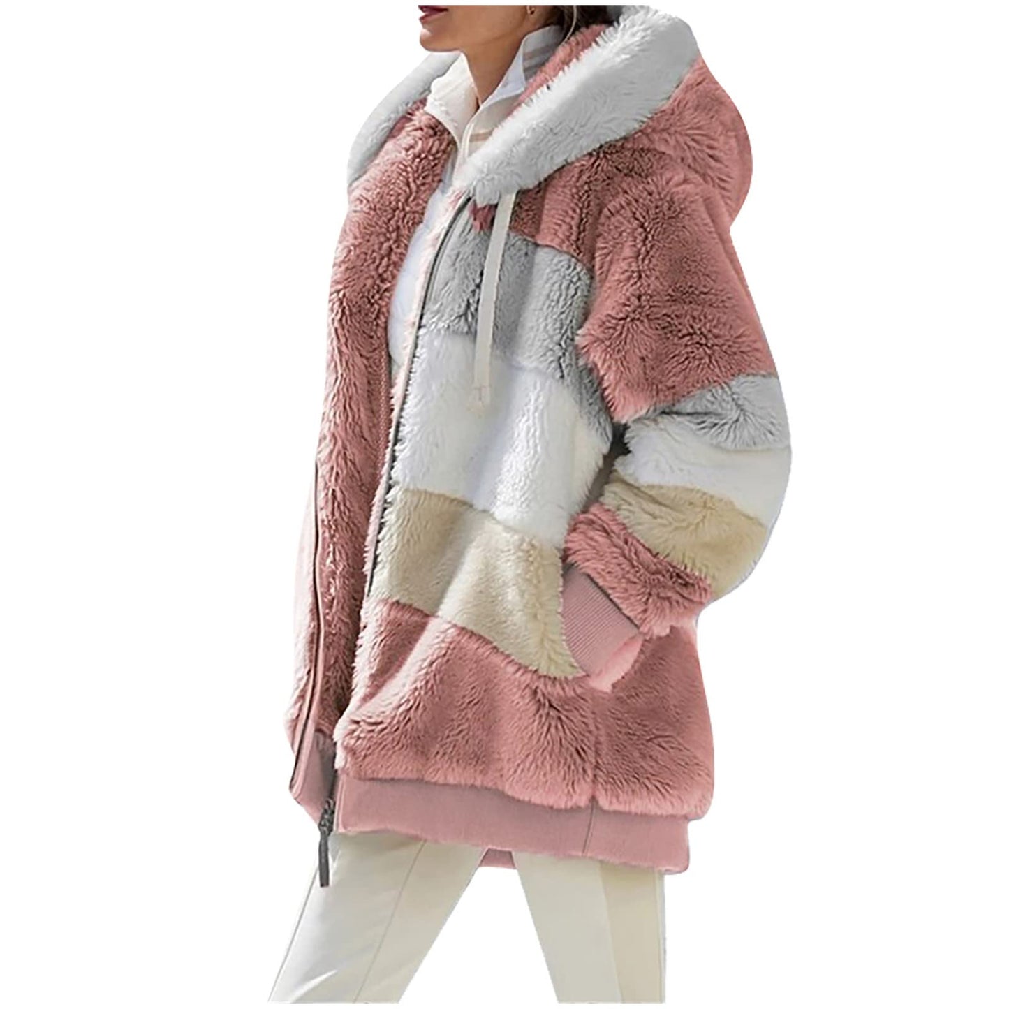 Ladies Fleece Tops Fleece Plush Lightweight Long Sweatshirt Color Block Plus Size Casual Coats Zip Up Open Front Jackets Warm Ladies Coat Hoodie Sherpa Patchwork Autumn and Winter Outerwear Jacket