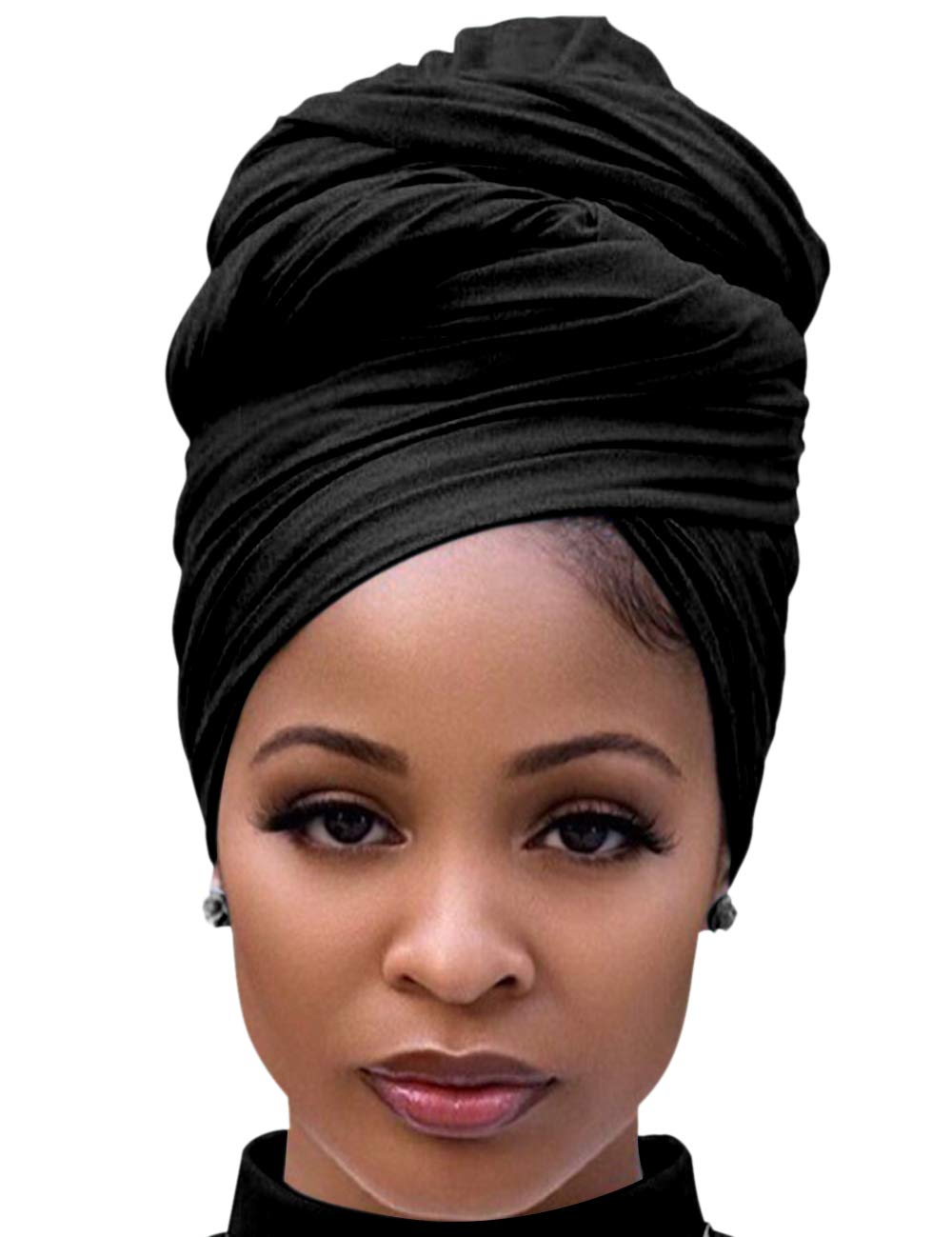 Harewom Black Hair Wrap for Women Long Stretch Jersey Head Scarf Summer Breathable Lightweight Turban Solid Color