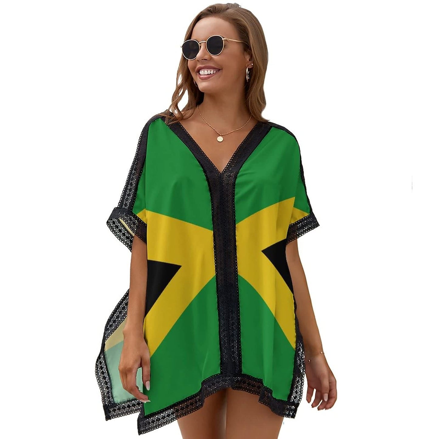 Jamaican Flag Women's Beach Cover up Swimsuit Soft Fabric with Bohemian Style Print for Beach Swimwear, Summer Casual Loose Sun Dress