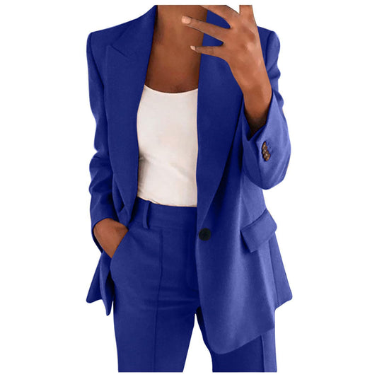 Women Suit Set Formal Plus Size Womens Blazer Suit Set 2 Piece Clearance Long Sleeve Coats One Button Solid Color Suits Business Long Trousers Ladies Plain Suit Sets Work Office Blue XXL