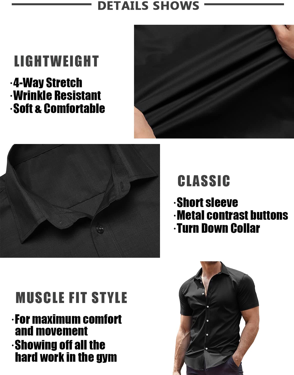 COOFANDY Men's Dress Shirts Slim Fit Wrinkle-Free Short Sleeve Casual Button Down Shirt Black