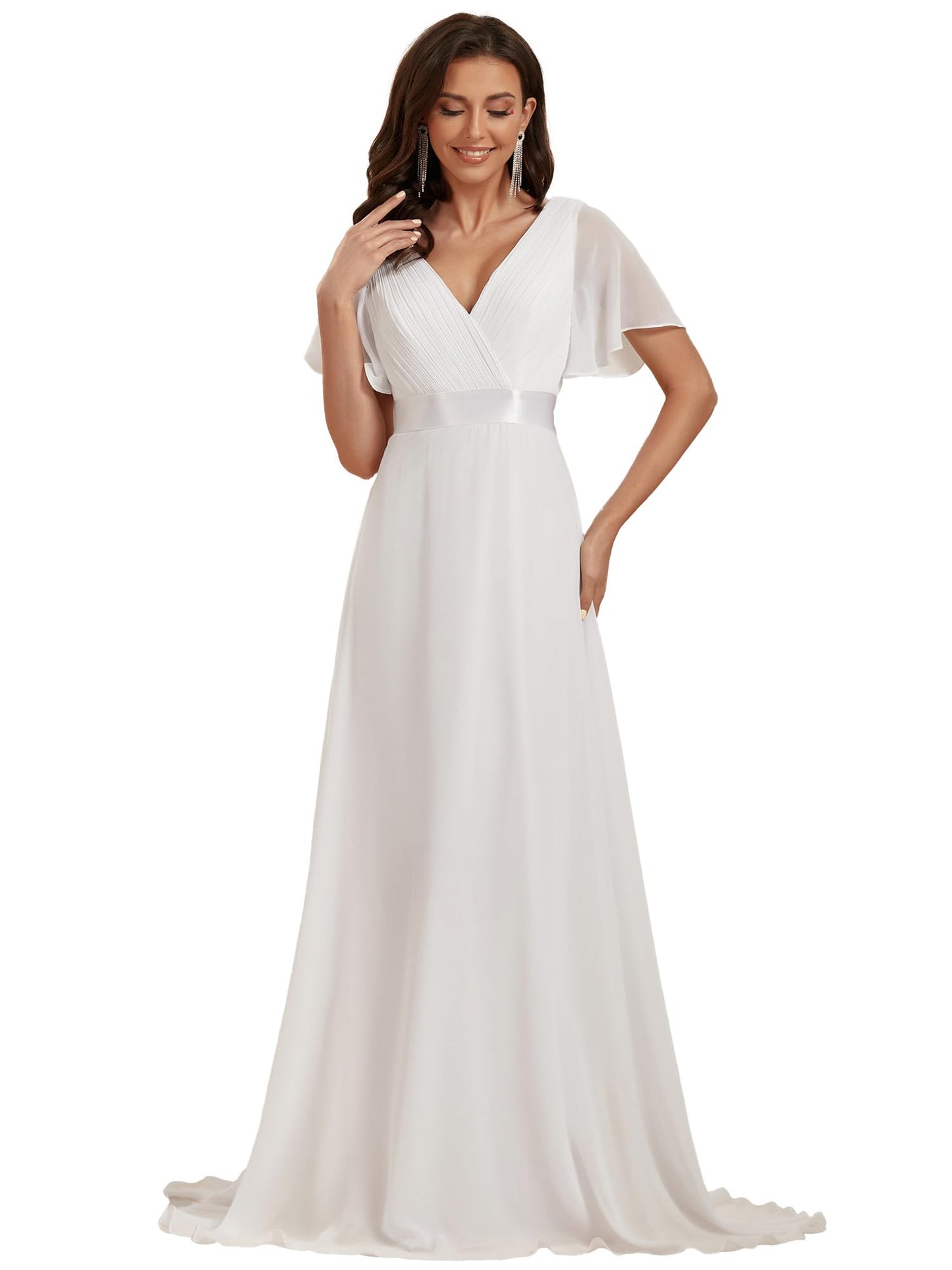 Ever-Pretty Women's Elegant Double V Neck A Line Empire Waist Short Sleeve Long Chiffon Wedding Dresses White 18UK