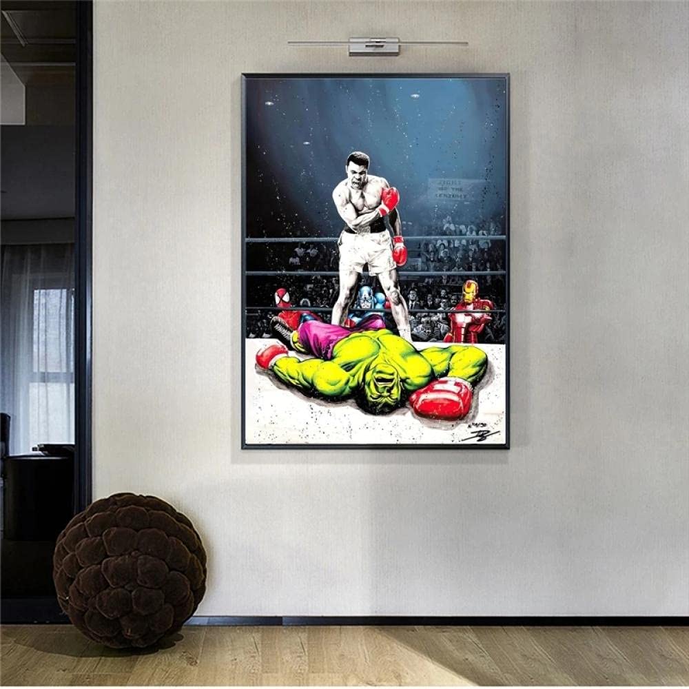 XuFan Muhammad Ali VS Hulk Street Art Canvas Paintings on the Wall PoP Art Boxing Posters and Prints Graffiti Art Pictures Home 40x60cm No Frame