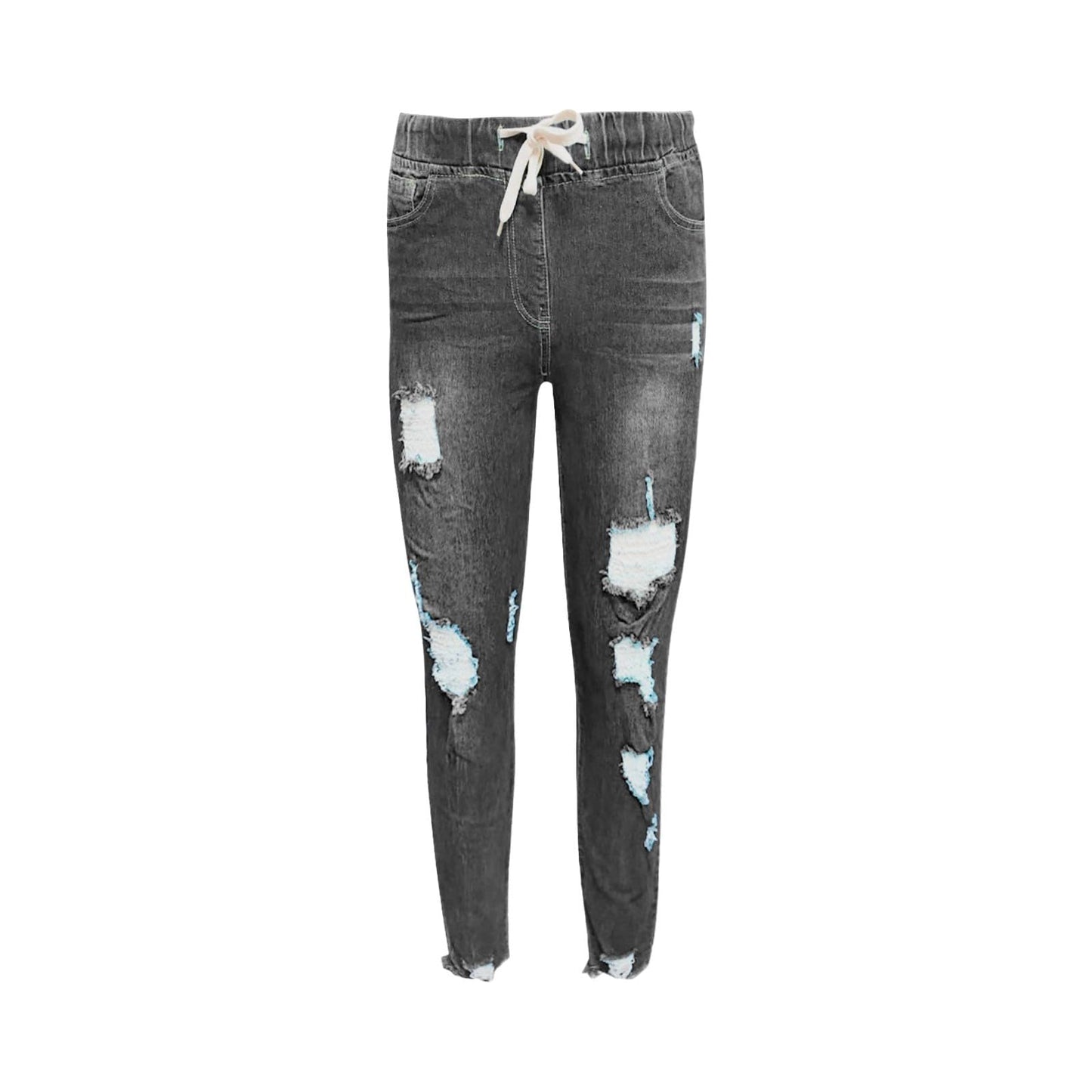 Generic Ripped Jeans Womens Skinny Stretch Distressed Destroyed Denim Denim Pants Elastic Waist Drawstring Denim Jeans Jeggings Plus Size Ladies Full Length Ankle Jeans Trousers