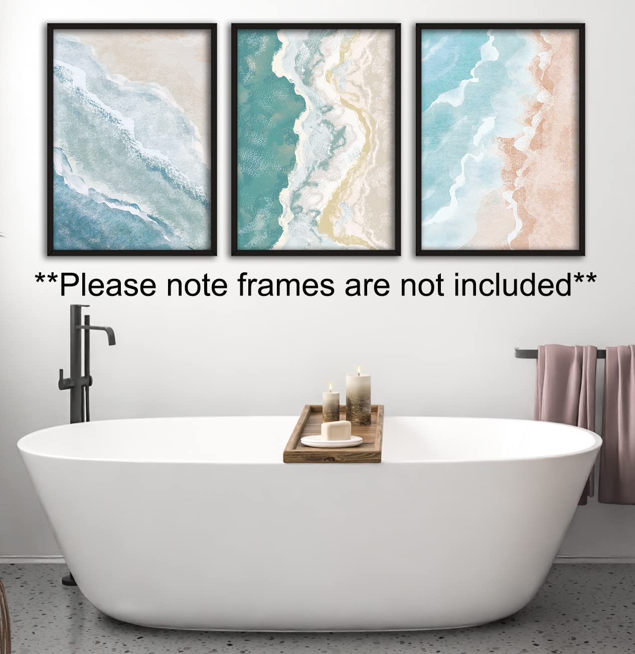 Abstract Beach Waves Set of 3 Unframed Wall Prints, Beach Sea Sand Coastal Landscape Bathroom Wall Art, Home Décor, Watercolour Style Abstract, Ocean Gallery Wall Art (A4)