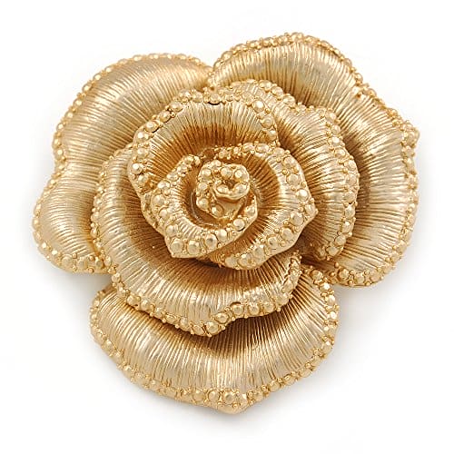 Avalaya Dimensional Rose Brooch in Brushed Gold Finish - 55mm Across