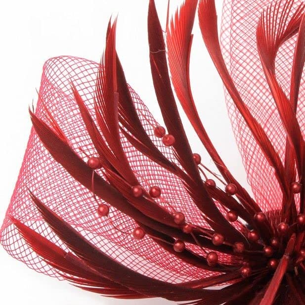 Arranview Jewellery Burgundy fascinator with sinamay net loops and feather tendrils (beak clip and brooch-pin)