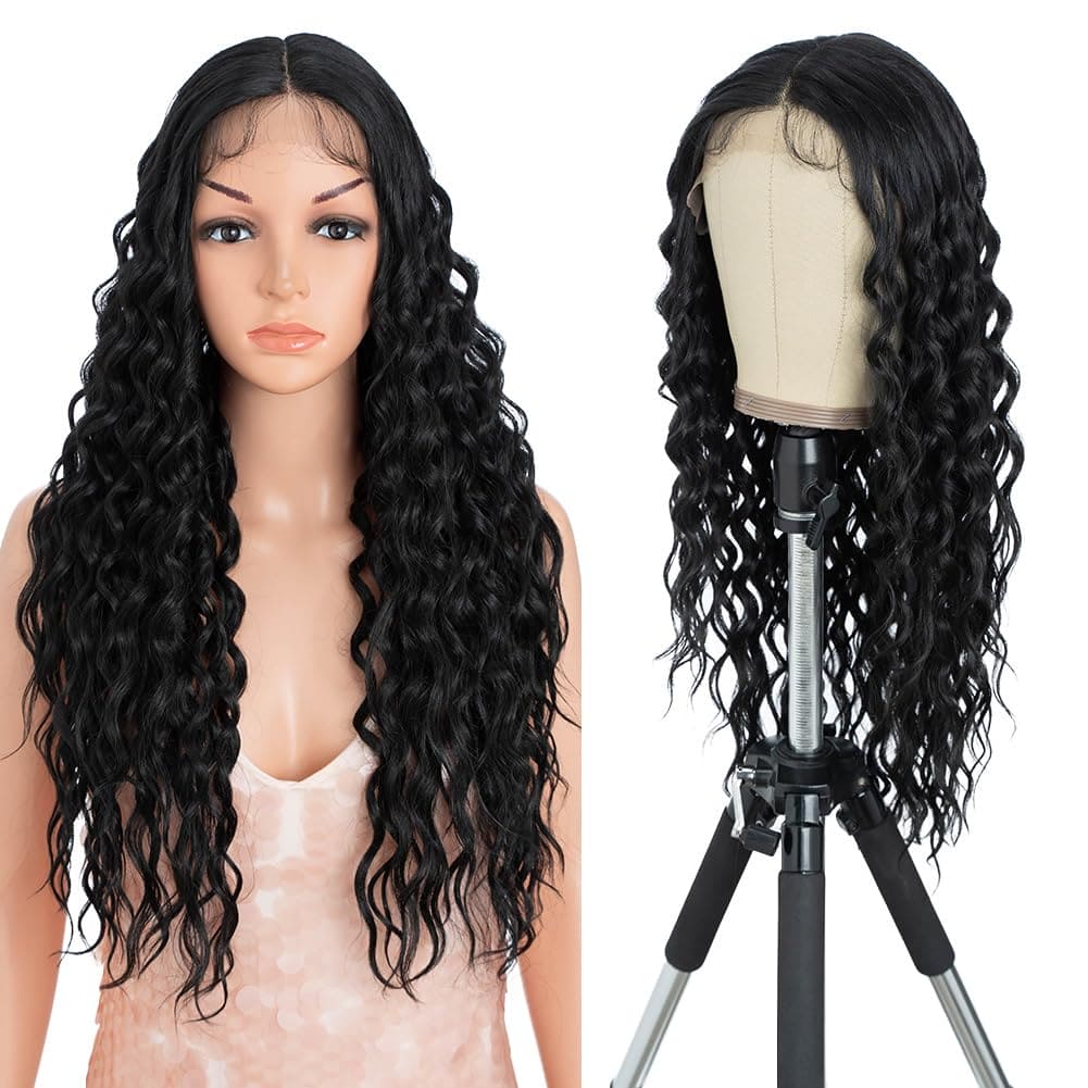 Style Icon 26 Inches Lace Front Wig Long Curly Wavy Wig Synthetic Wigs for Women Heat Resistant Replacement Wig 130% Density Black color