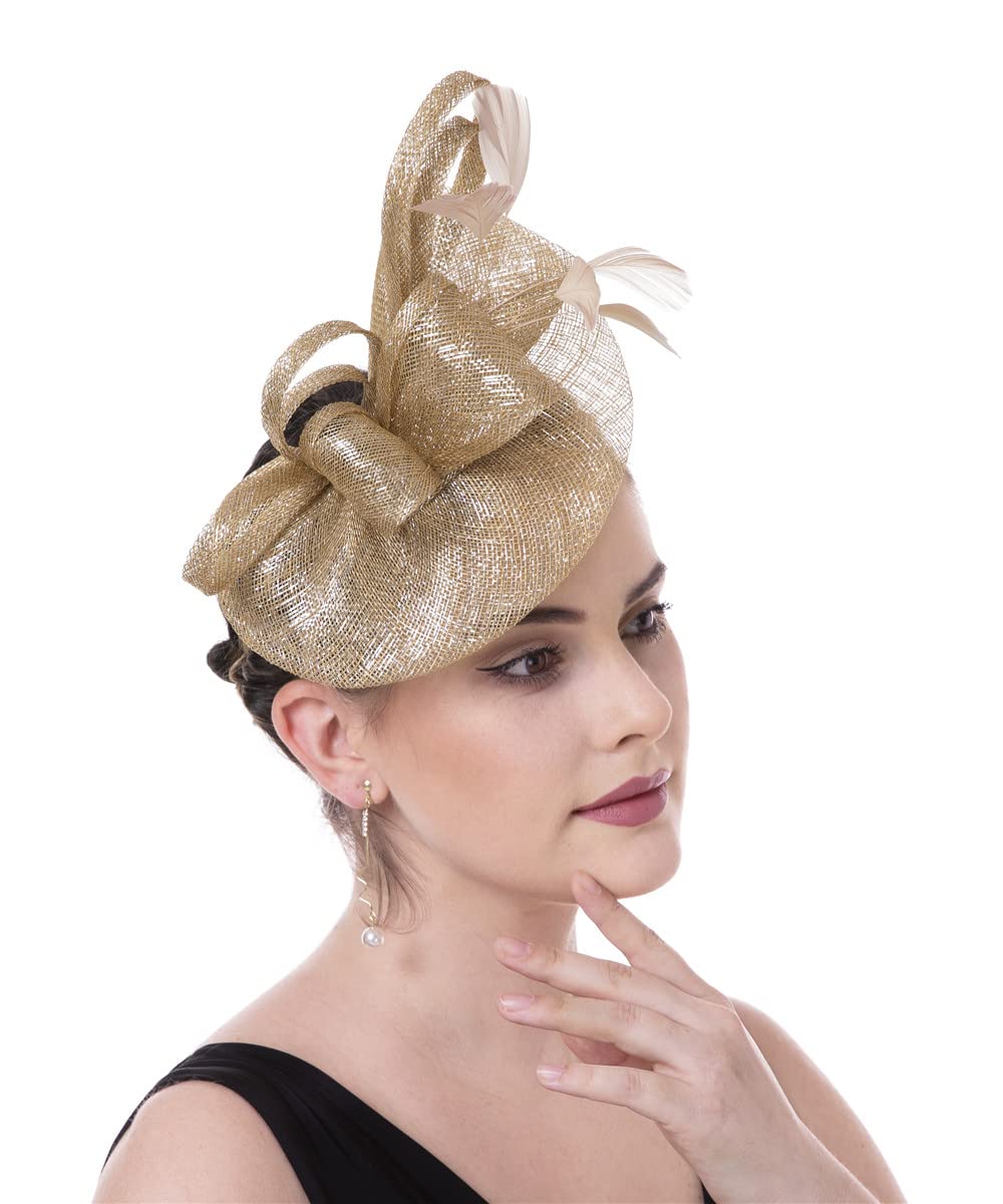 Sinamay Flower Feather Headband Fascinator Wedding Headwear Ladies Race Royal Ascot Pillbox Wedding Cocktail Tea Party Derby Hat for Women(A16-Khaki)