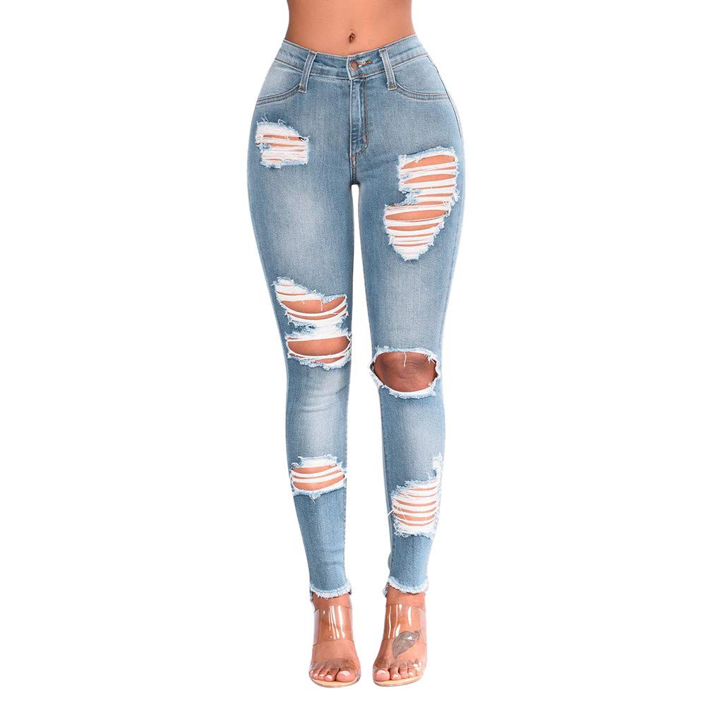 AMhomely Ripped Jeans for Women Long Pants Smart Slacks Women Jeans Denim Hole Female High Waist Stretch Slim Sexy Pencil Pants Ladies Slim Fit Stretchy Denim Tousers Jogger Clearance 6549