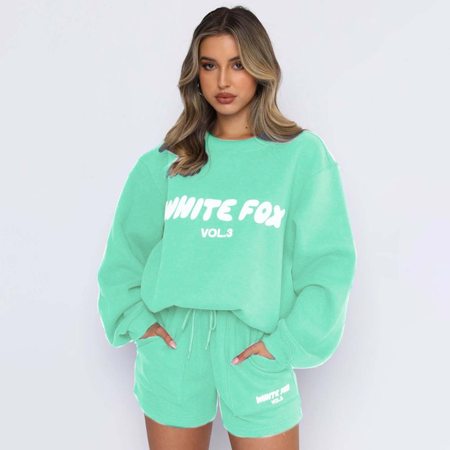 Women's White Fox Tracksuit Set Oversized Two Piece Outfit Long Sleeve Pullover and Loose Short Sweatpants Y2k Jogger Track Suit Ladies Gym Activewear Casual Sportwear Running Walking Hiking