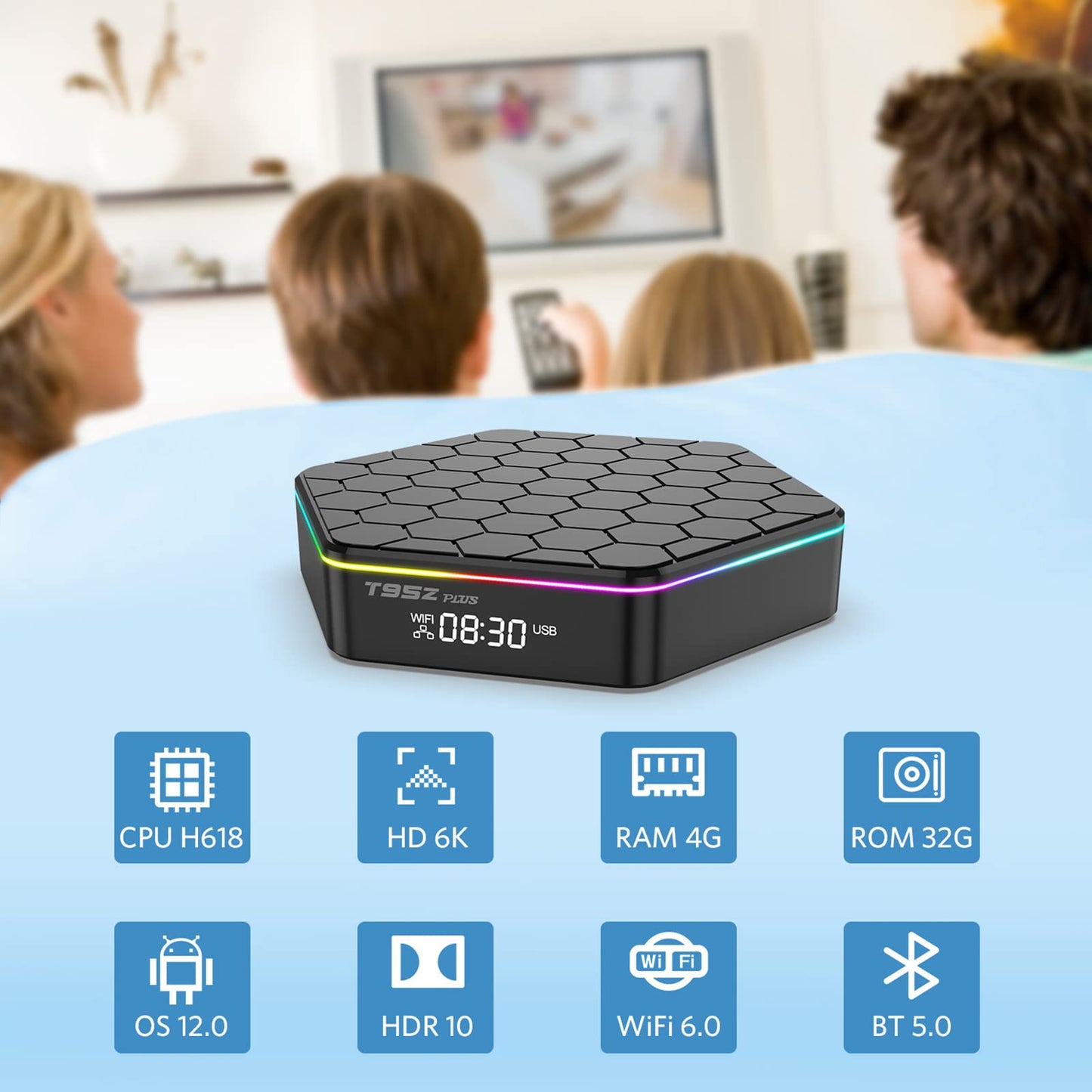 Android 12.0 TV Box, 4GB RAM 32GB ROM Allwinner H618 Quad-Core 64-bit Cortex-A53，Android Box with 2.4GHz/5.0GHz WiFi 10/100M Ethernet, Support H.265/3D/6K Ultra HD/BT 5.0/HDMI 2.0 Smart TV Box