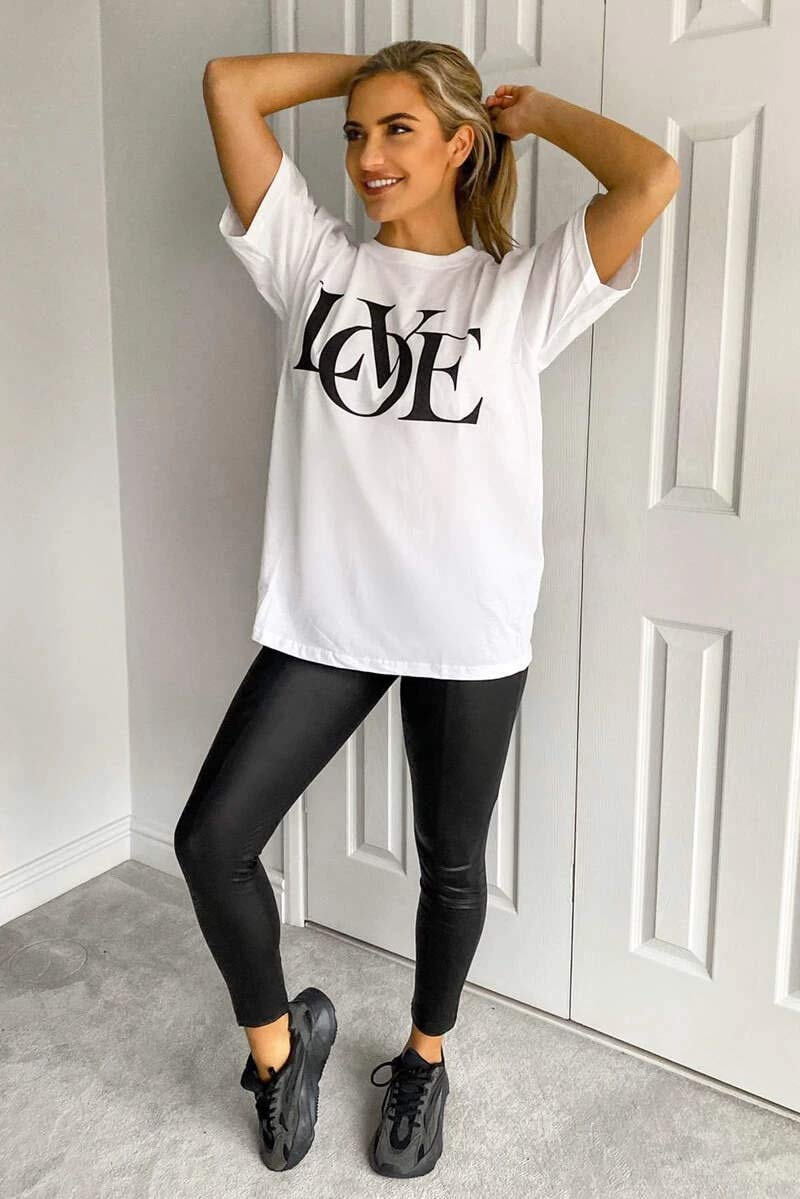 Womens Love Slogan Short Sleeve Oversized Printed Casual Summer Baggy Fashion Ladies Tshirt Tee Plus Size Top (White, SM (UK 8-10))