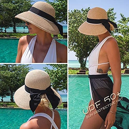 Comhats Sun Hats for Women Floppy Foldable UV Protection Wide Brim Panama Cloche Straw Beach Sunhat Fashionable Adjustable Cruise Accessories Ponytail Beige S/M 56CM