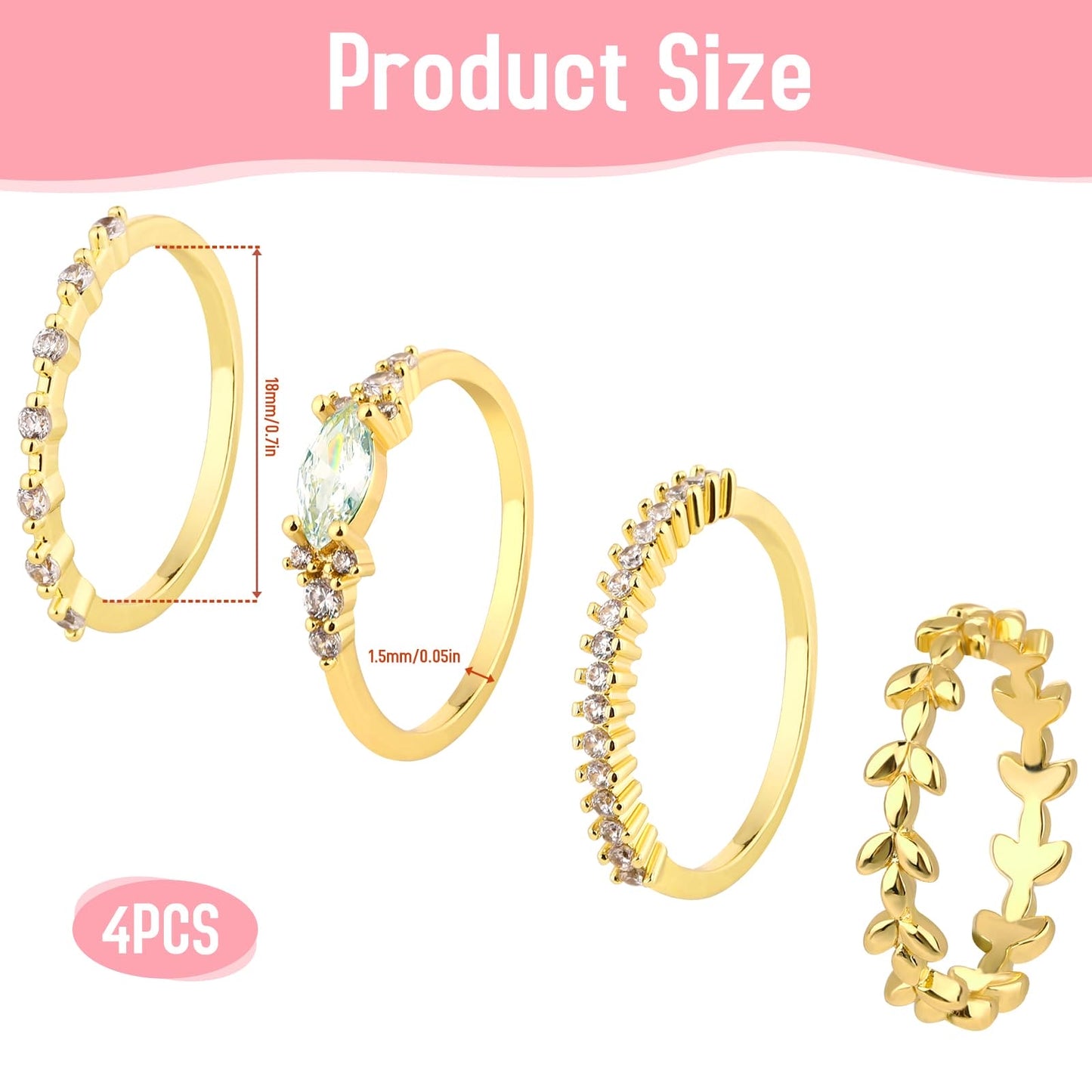 DIVINA VITAE 4 Pcs Stackable Gold Rings for Women，18K Gold Plated with Zirconia Dainty Gold Rings Trendy Hypoallergenic Gold Ring for Women, Size 7 8 9 (8)